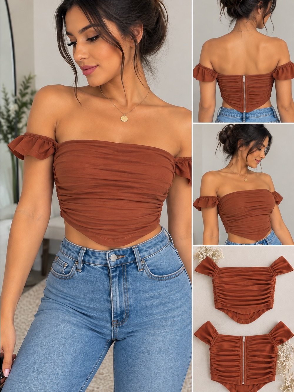 Off-Shoulder Ruched Crop Top in Rust Brown
